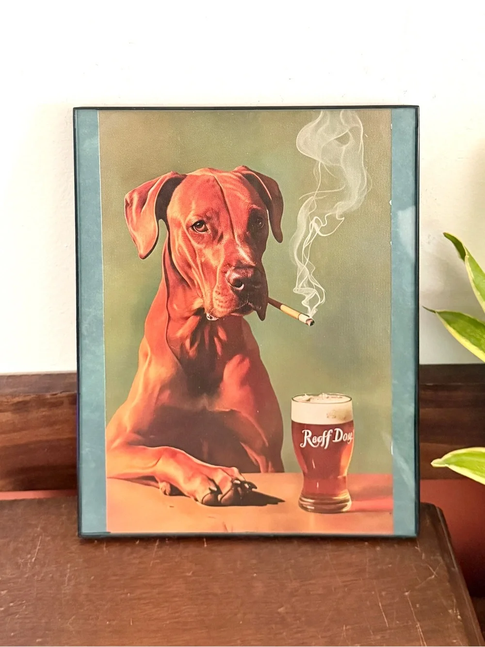 Dog Smoking a Cigarette Drinking a Beer Canvas Print Vintage Style Framed Art